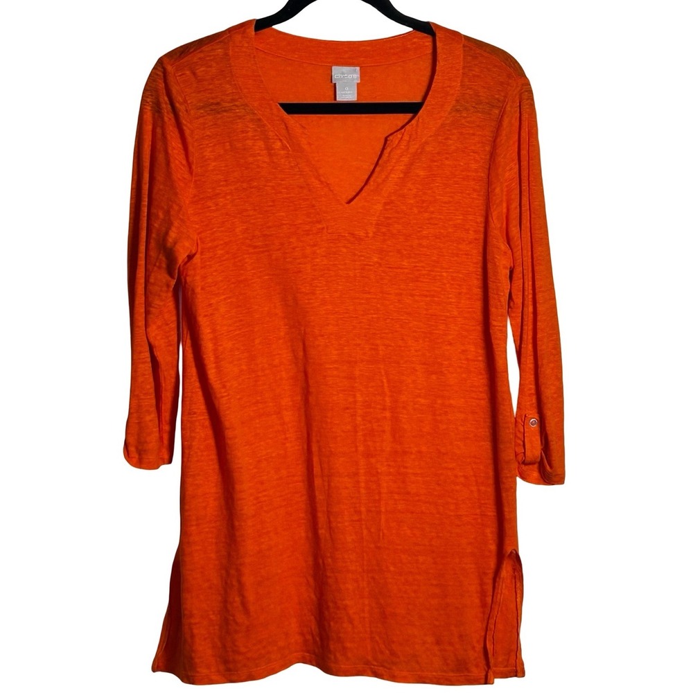 Chico's 100% Linen V-Neck Tunic Top Size Small Minimalist‎ Lagenlook Travel Boho